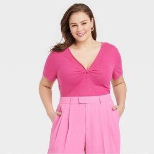 A New Day Women's Short Sleeve Pink Linen Top